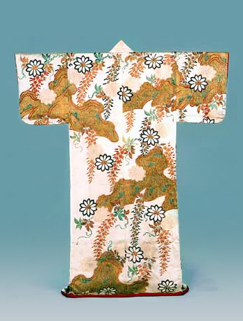 Kosode with design of wisteria, pine trees and craggy rocks Dyeing and embroidery on white figured silk satin (rinzu)