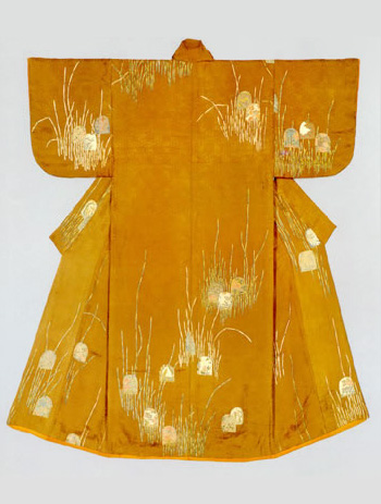 Kosode with design of scouring rushes and the “flowery rabbits” motif Paste-resist dyeing (Yuzen) on brown figured silk satin (shusu)