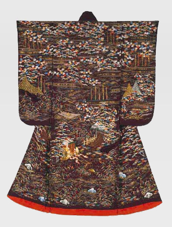 Furisode with narrative design (gosho-doki) of scenes from the Noh song entitled “Ashi-kari”Dyeing and embroidery on purple silk crepe (chirimen)