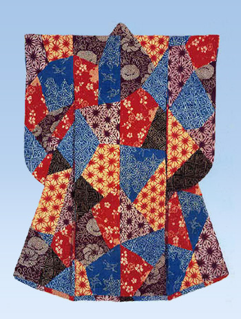 Furisode with design of six different patched patternsTie-dyeing on scarlet, blue, black, and purple silk crepe (chirimen)