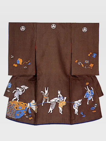Baby's garment with design of rabbits pulling myriad treasures Brown plain weave silk(habutae)