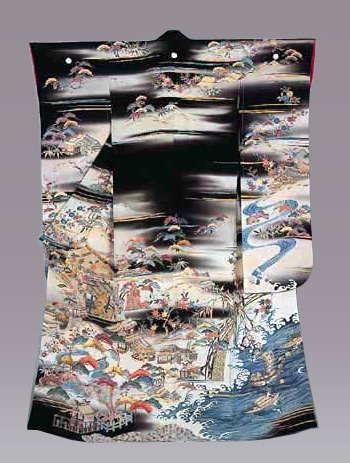 Furisode with design of 'Eight Views of Omi (Omi Hakkei)'Black silk crepe (chirimen)