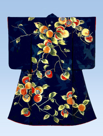 Formal kimono with design of autumnal red persimmons Paste-resist dyeing (Yuzen) and gold leaf imprint on dark blue silk crepe (chirimen)