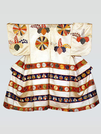 Noh robe for woman's role with design of chrysanthemums and paulownia leaves and flowers Tie-dyeing, embroidery and gold leaf imprint on white silk satin (shusu)