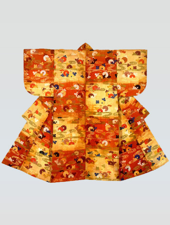Noh robe for young nobleman's role with design of chrysanthemums and water streams on interwoven white and red squares