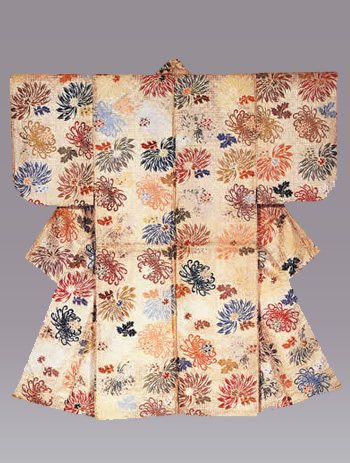 Noh robe for young nobleman's role with design of scattered chrysanthemums and linked squares Weft patterning (atsuita karaori) on white silk ground