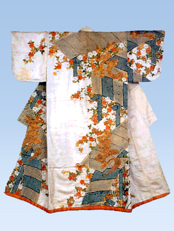 Kosode with design of plank bridges, cherry blossoms and Chinese characters Tie-dyeing and embroidery on white figured silk satin (rinzu)