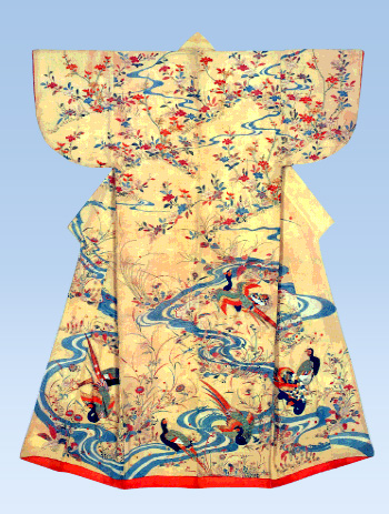 Kosode with design of spring flowers and pheasants Paste-resist (Yuzen) and tie-dyeing on yellow silk crepe (chirimen)