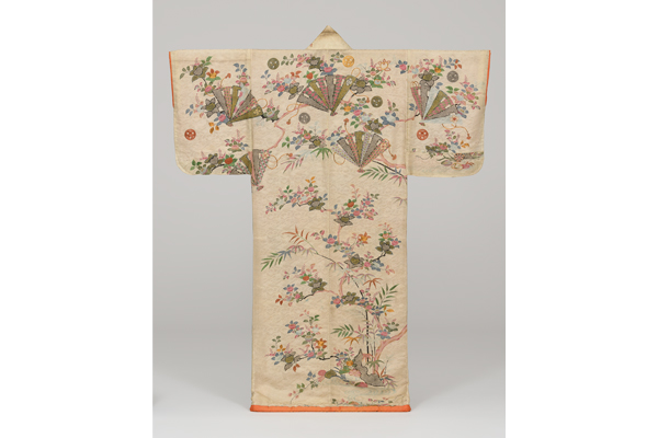 Kosode with Tachibana Orange, Bamboo and Cypress Fan Motif on White Figured Silk Satin