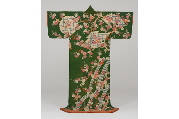 Kosode with Plum Tree and Waterfall Motif on Deep Green Silk Crepe Ground