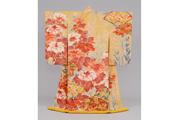 Furisode with Folding Fan Motif with Plants and Flowers on Light Yellow  Specially Woven Silk Ground