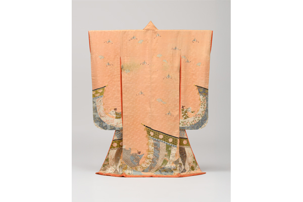 Pink Figured Satin Furisode with Kicho, Crowns, and Cypress Fans