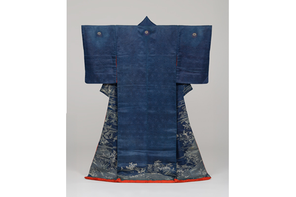 Grayish-Blue Figured Satin Kosode with Raft-Floating Motifs