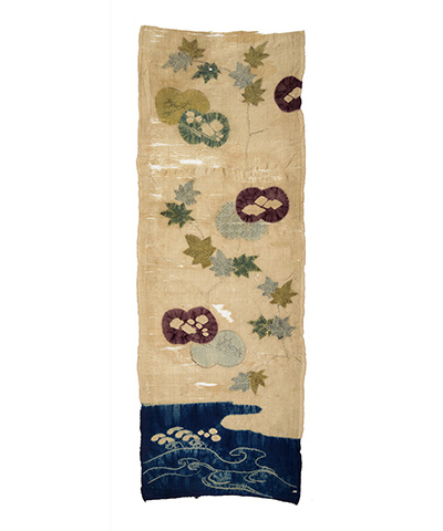 Kosode Fragment with Military Gear Motif on Dark Blue Plain Weave Silk Ground