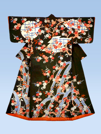 濃緑縮緬地紅白梅懸泉文様友禅染小袖