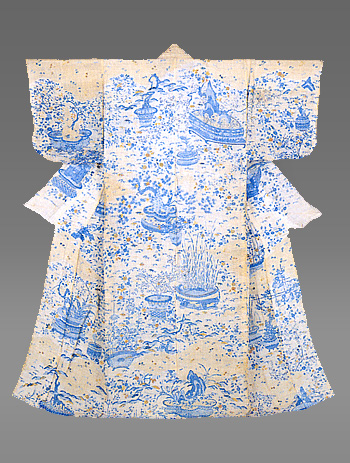 白麻地四時培花文様茶屋染帷子